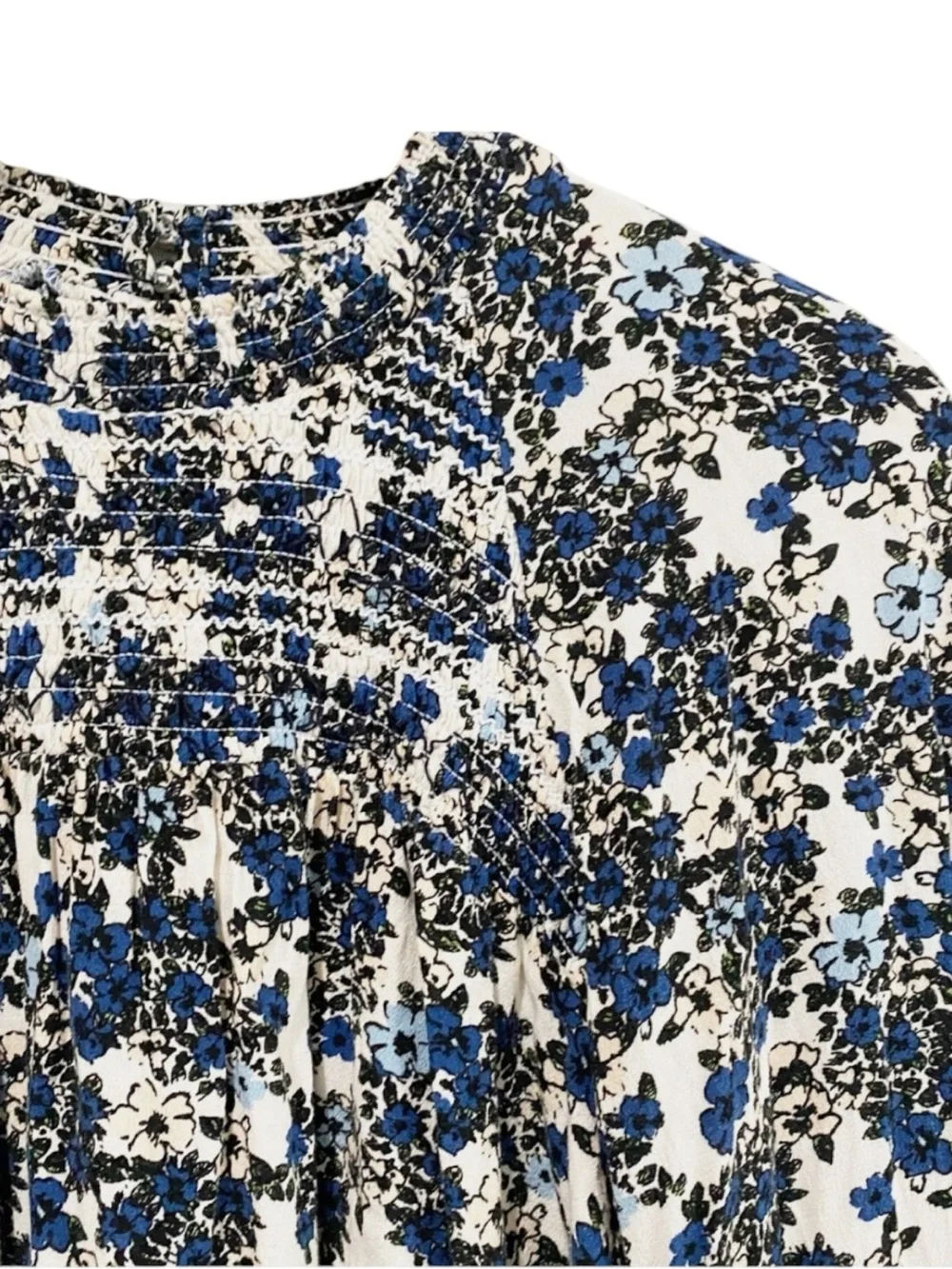 FREE PEOPLE Flowers in her Hair Smocked Tunic Top Dress Top - Blue/White Size S
